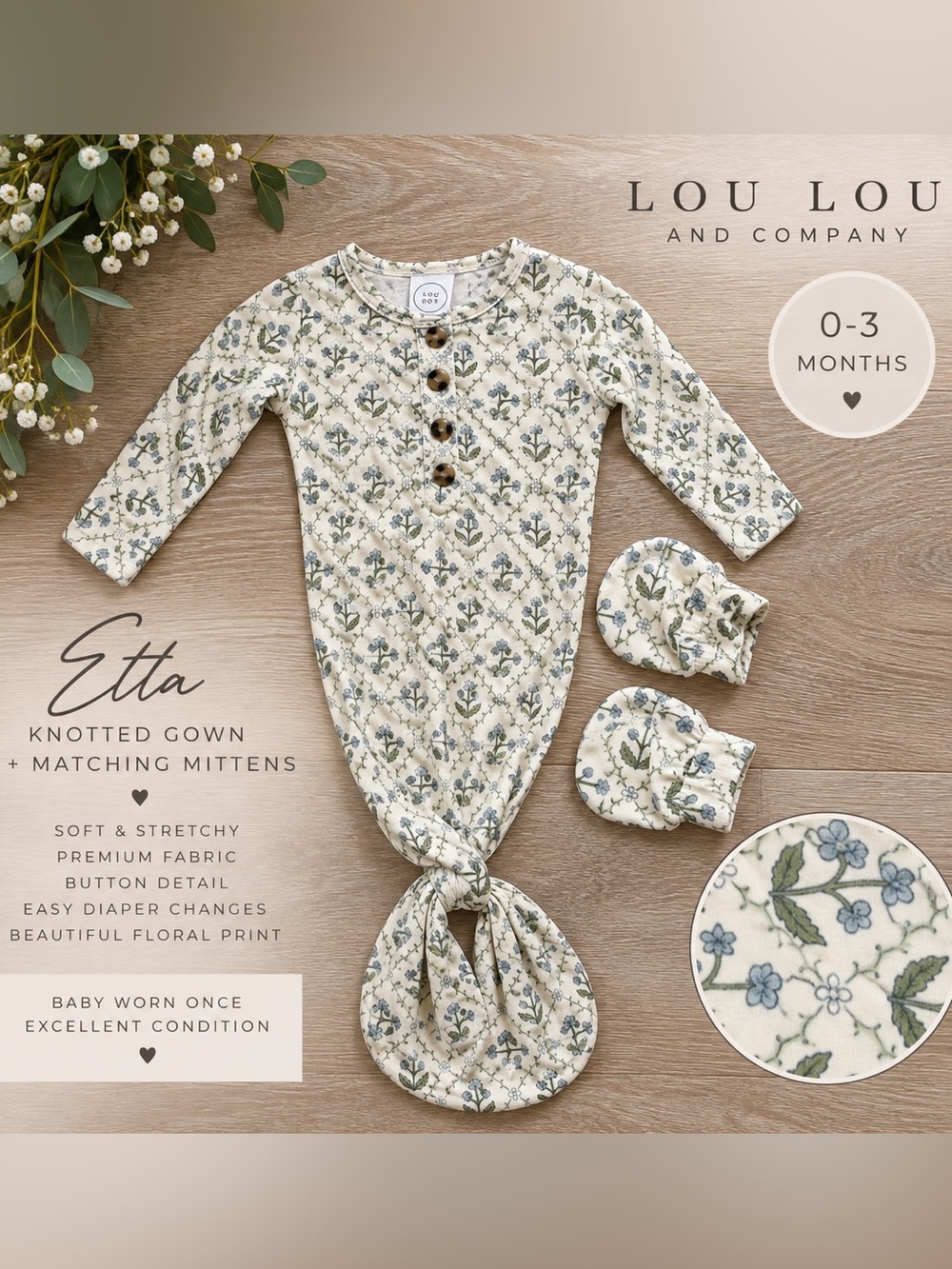 Lou Lou & Company Etta Knotted Gown with matching mittens Newborn–3 Months.